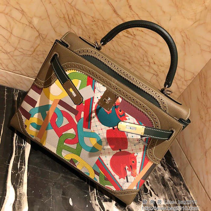 HERMES愛馬仕 凱莉包 kelly 32cm 拼接印花圖案 時尚手提包  Ama1408